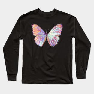 Iridescent Butterfly Drawing - Pink Shiny Morpho Butterfly Hyperrealism Pencil Art Long Sleeve T-Shirt